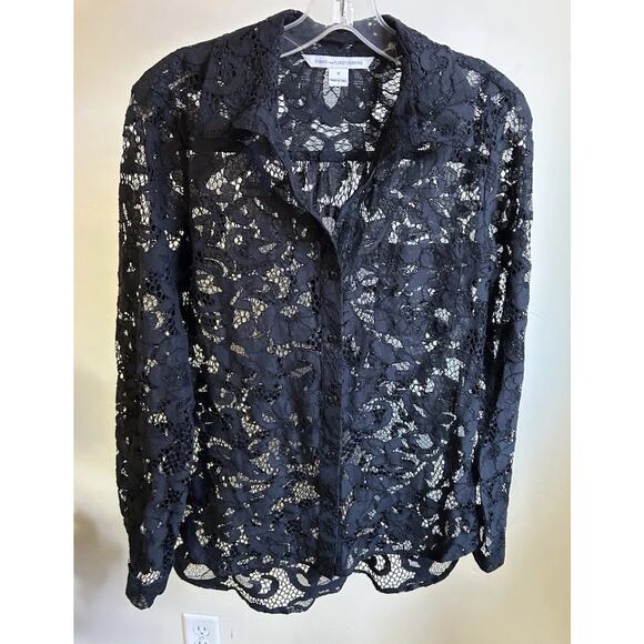Diane von Furstenberg DVF Black Lace Blouse women's 6 Button Down Sheer LS - Picture 5 of 15